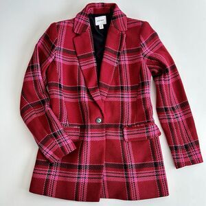 NINE WEST Red Pink Black Plaid Blazer Jacket Notch Collar Office Workwear XS